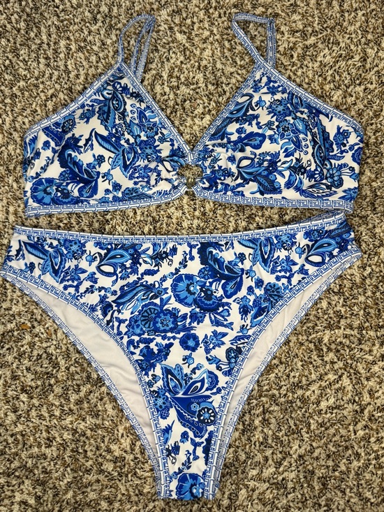 Other - Blue White Floral Bikini Set Womens Large Cutout High Cut Swimsuit Two Piece